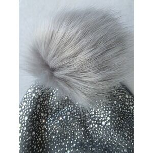 Adrienne Landau Grey Sparkle Crystal Beanie Faux Fur Pom •Ethereal Fairycore NWT